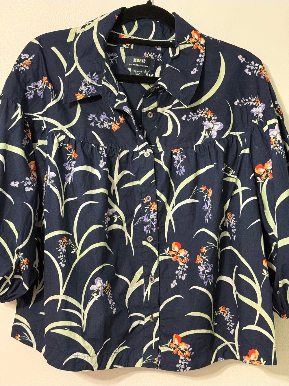 Anthropologie Maeve The Zooey Bubble-Sleeve floral Blouse navy button medium - Picture 2 of 7
